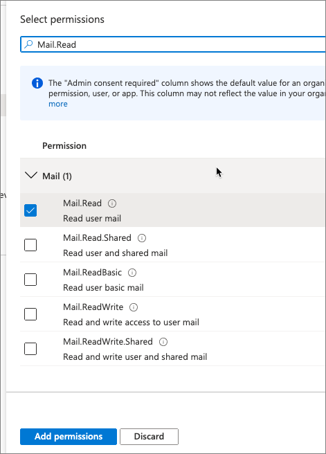 Screenshot showing how to add the Mail.Read permission.