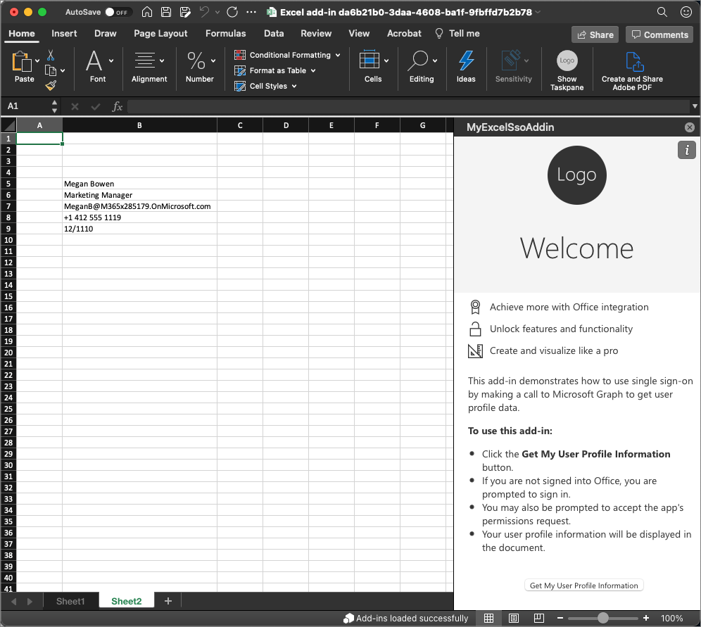 Screenshot of successful test in Excel.