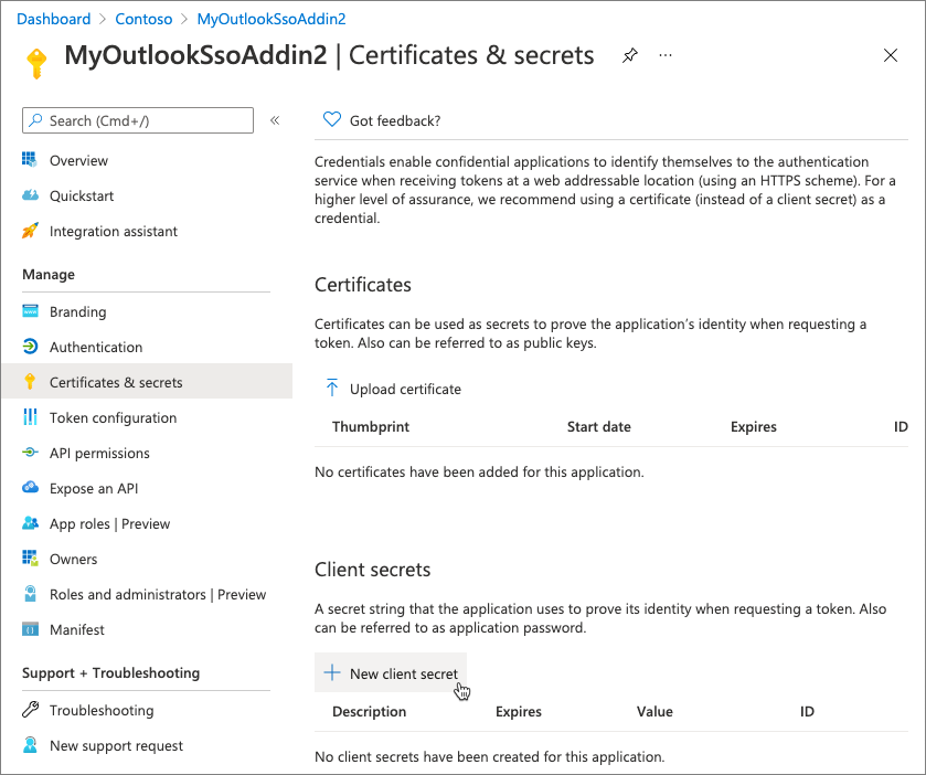 Screenshot of the Certificates and secrets page in the Microsoft Entra admin center.