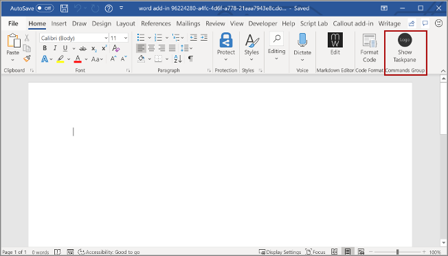 Screenshot of the Word application with the Show Taskpane button highlighted.