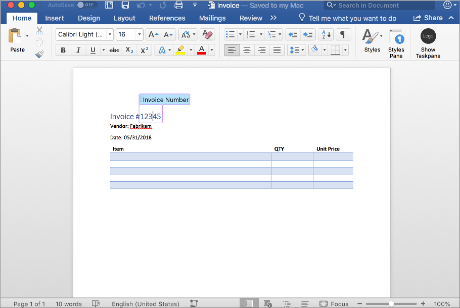 Screenshot of a content control in a Word document.
