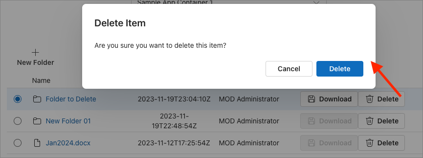 Screenshot showing the delete functionality for items in a Container.