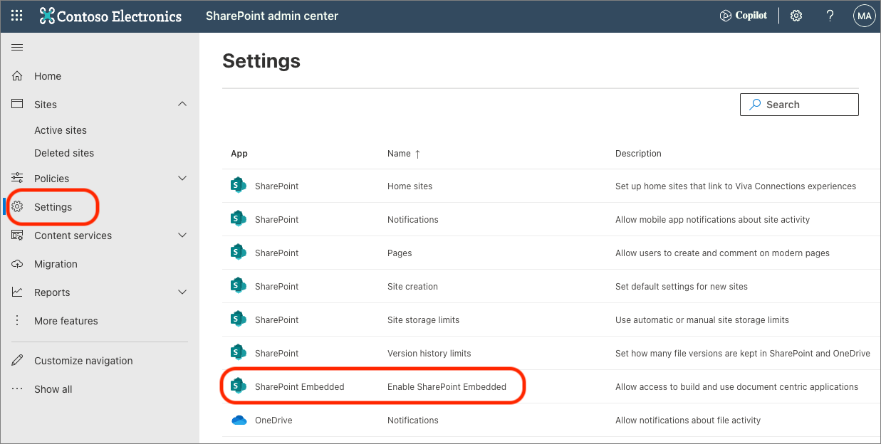 Screenshot of the SharePoint admin center Settings page.
