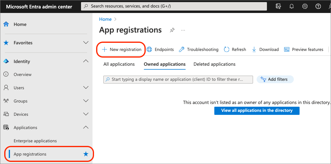Screenshot of the Microsoft Entra ID admin center for app registrations