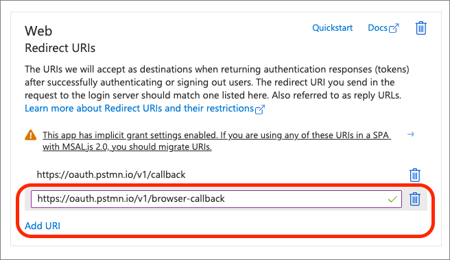 Screenshot adding a second redirect URI to the Web platform.