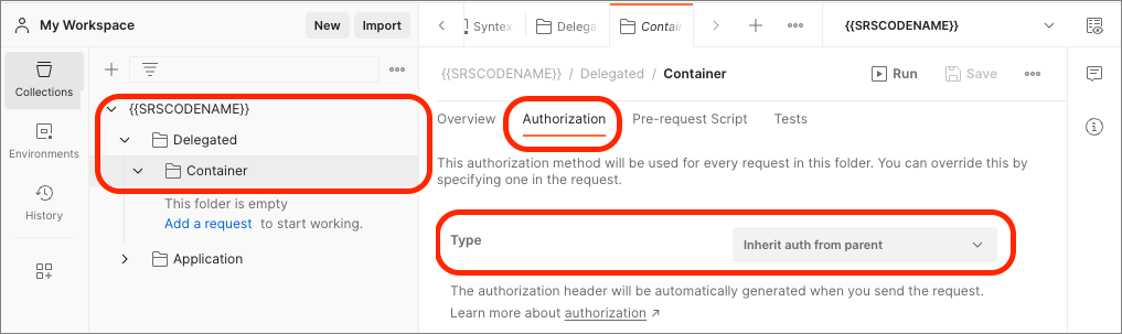 Screenshot of the Delegated folder's Authentication configuration in Postman.