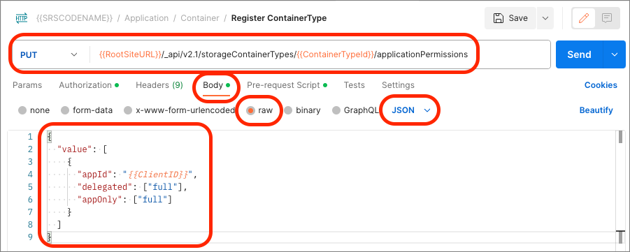 Screenshot of the Register Container Type request