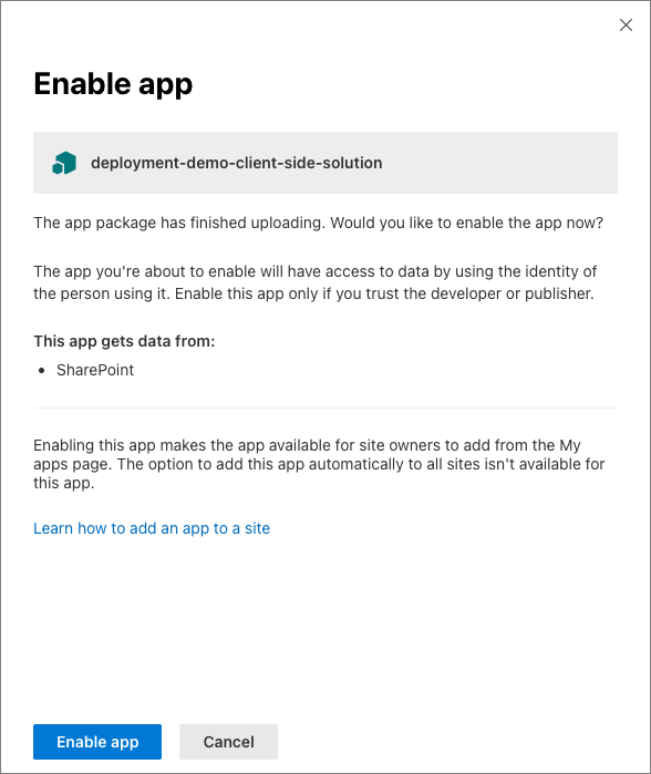 Screenshot of Enable app panel.