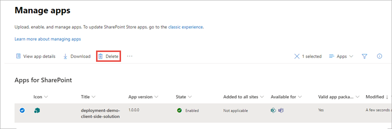 Screenshot of retracting the SharePoint app package