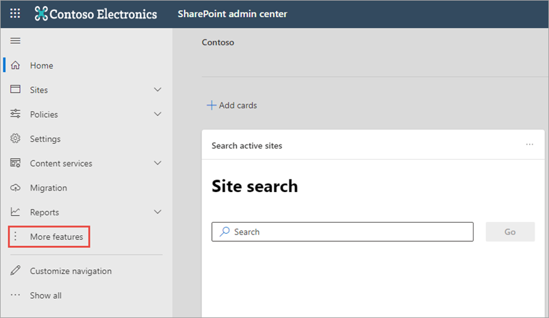 Screenshot of the SharePoint admin center