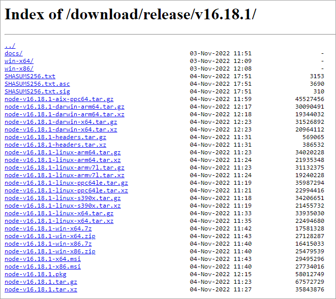 Screenshot of the Node.js 10.x page