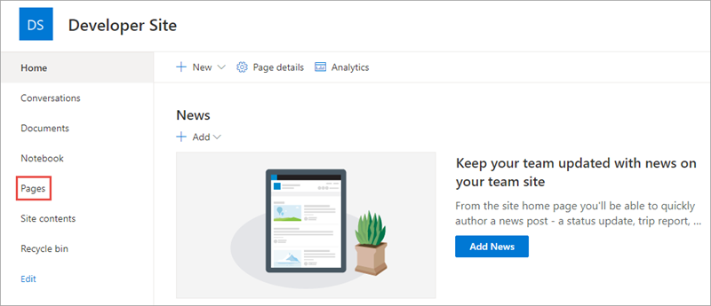 Screenshot of the SharePoint site's Quick Launch navigation with the Pages library highlighted