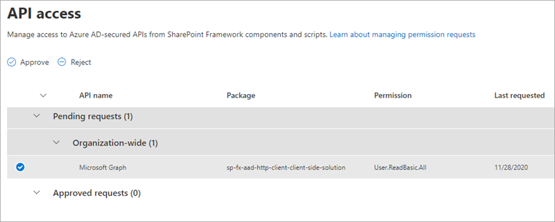 Screenshot of the SharePoint Online admin portal API Management page