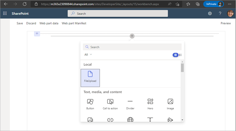 Screenshot showing the SharePoint hosted workbench web part toolbox.