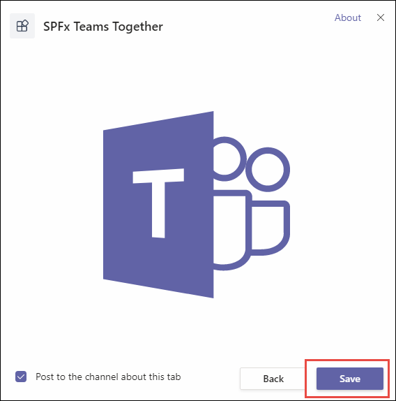 Screenshot confirming installation of the SPFx Teams Together app