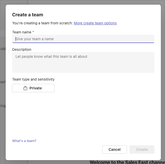 Screenshot of the Create a team dialog.