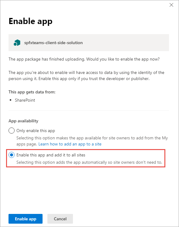 Screenshot of Enable app panel.
