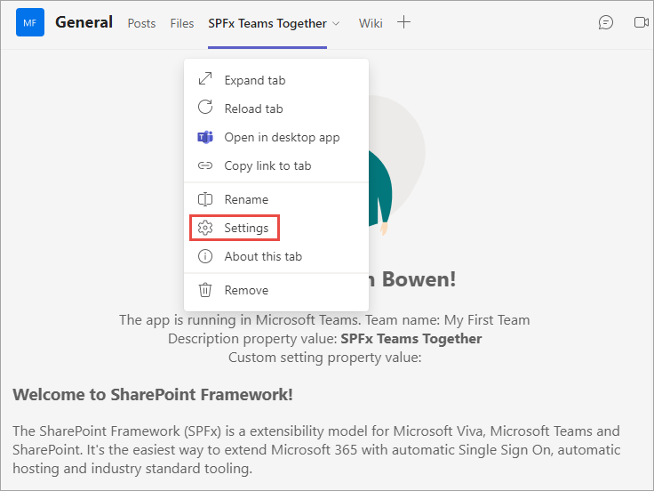 Screenshot of the SPFx solution in Microsoft Teams - Settings context menu item