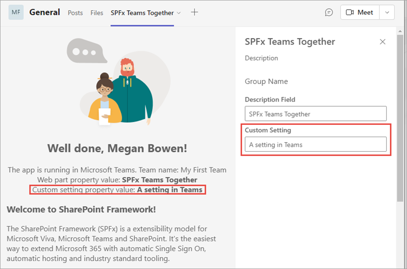Screenshot of the SPFx solution in Microsoft Teams - Updating custom setting for SPFx web part