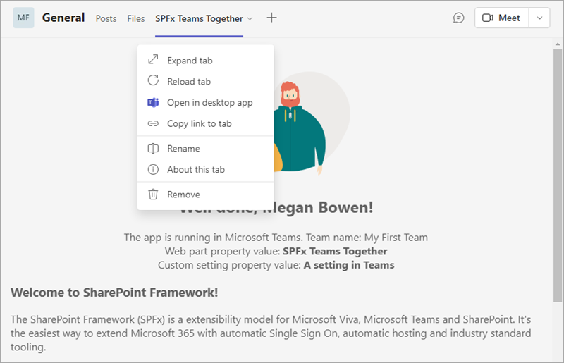 Screenshot of the SPFx solution in Microsoft Teams - Missing Settings context menu item