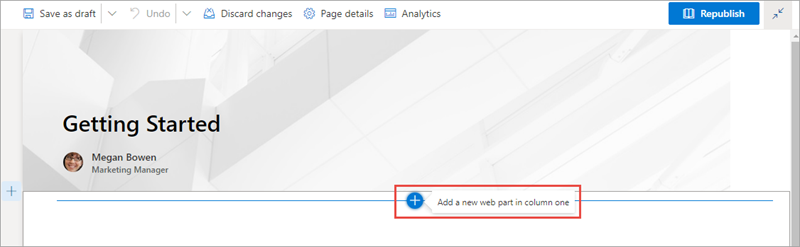 Screenshot of adding the web part to the modern SharePoint page.