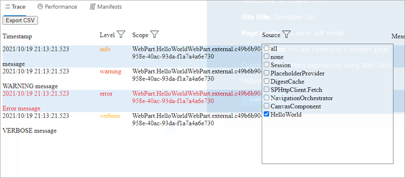 Screenshot of log messages in the developer dashboard