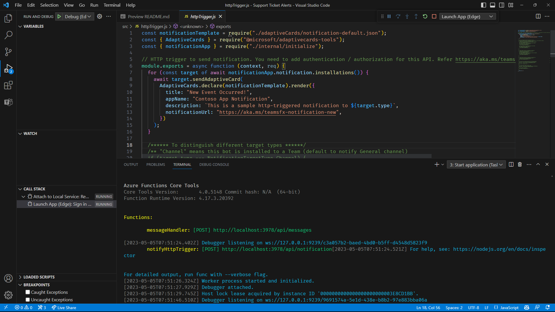 Screenshot of Visual Studio Code that shows the notification bot code, debug pane, and terminal tasks.