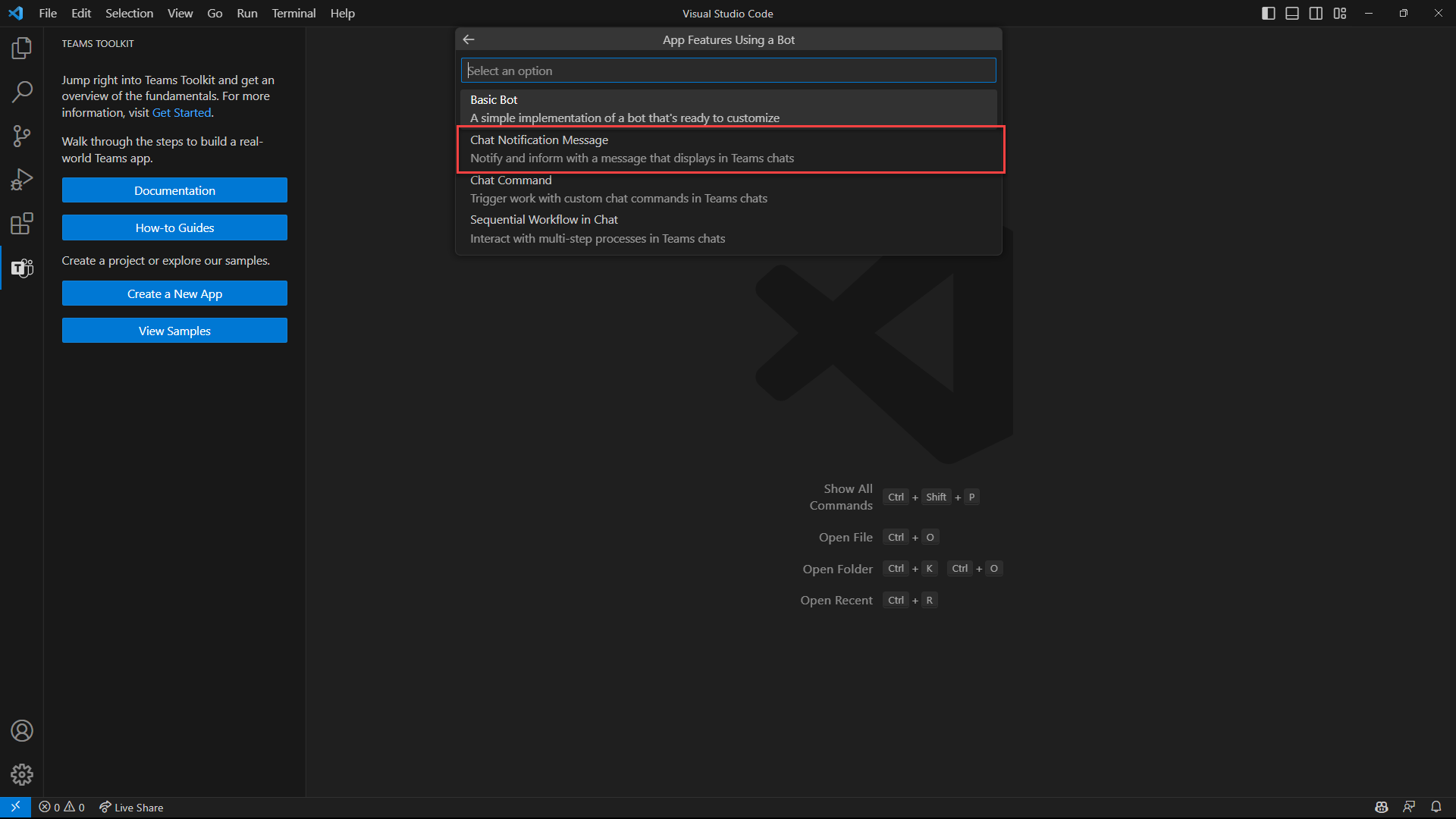 Screenshot of Visual Studio Code that shows the App Features Using a Bot menu for Teams Toolkit and the Chat Notification Message feature.