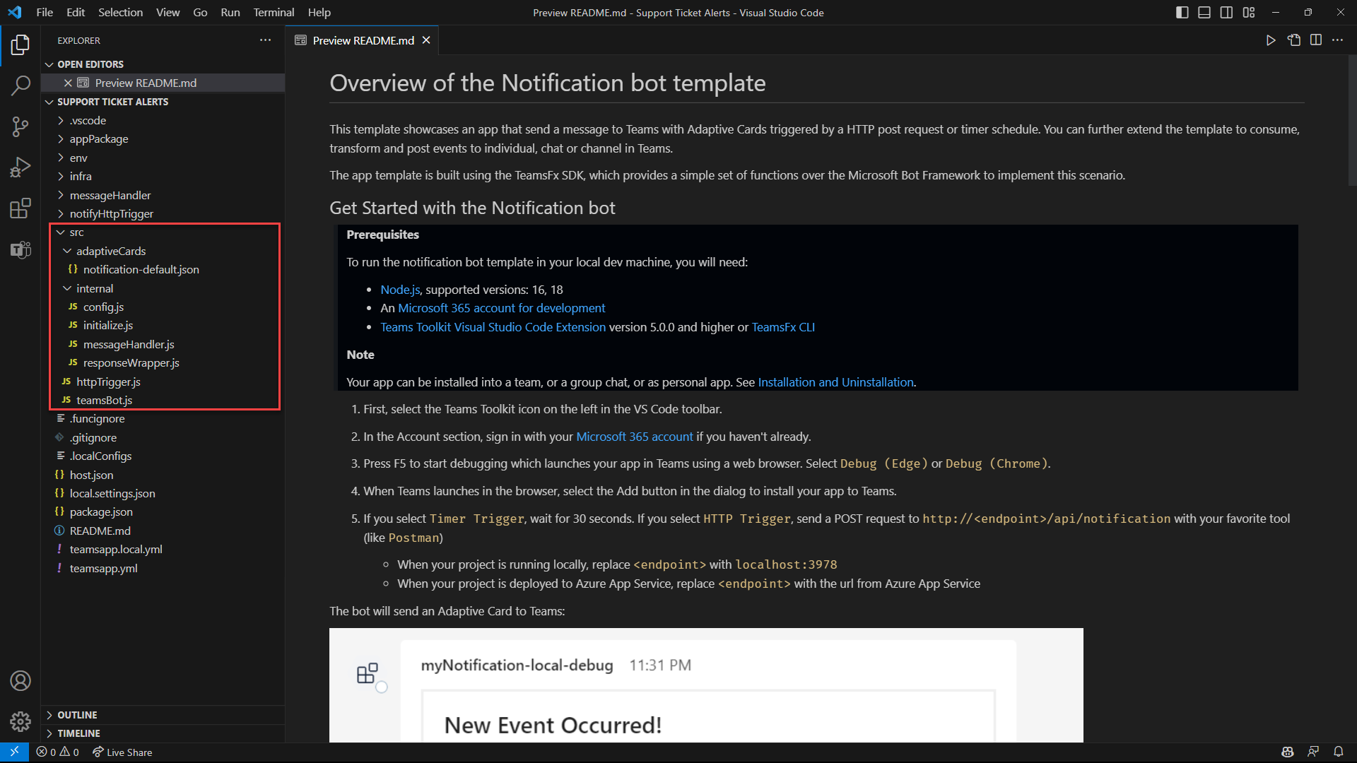 Screenshot of Visual Studio Code that shows the readme file for the notification bot template and code files on the Explorer pane.