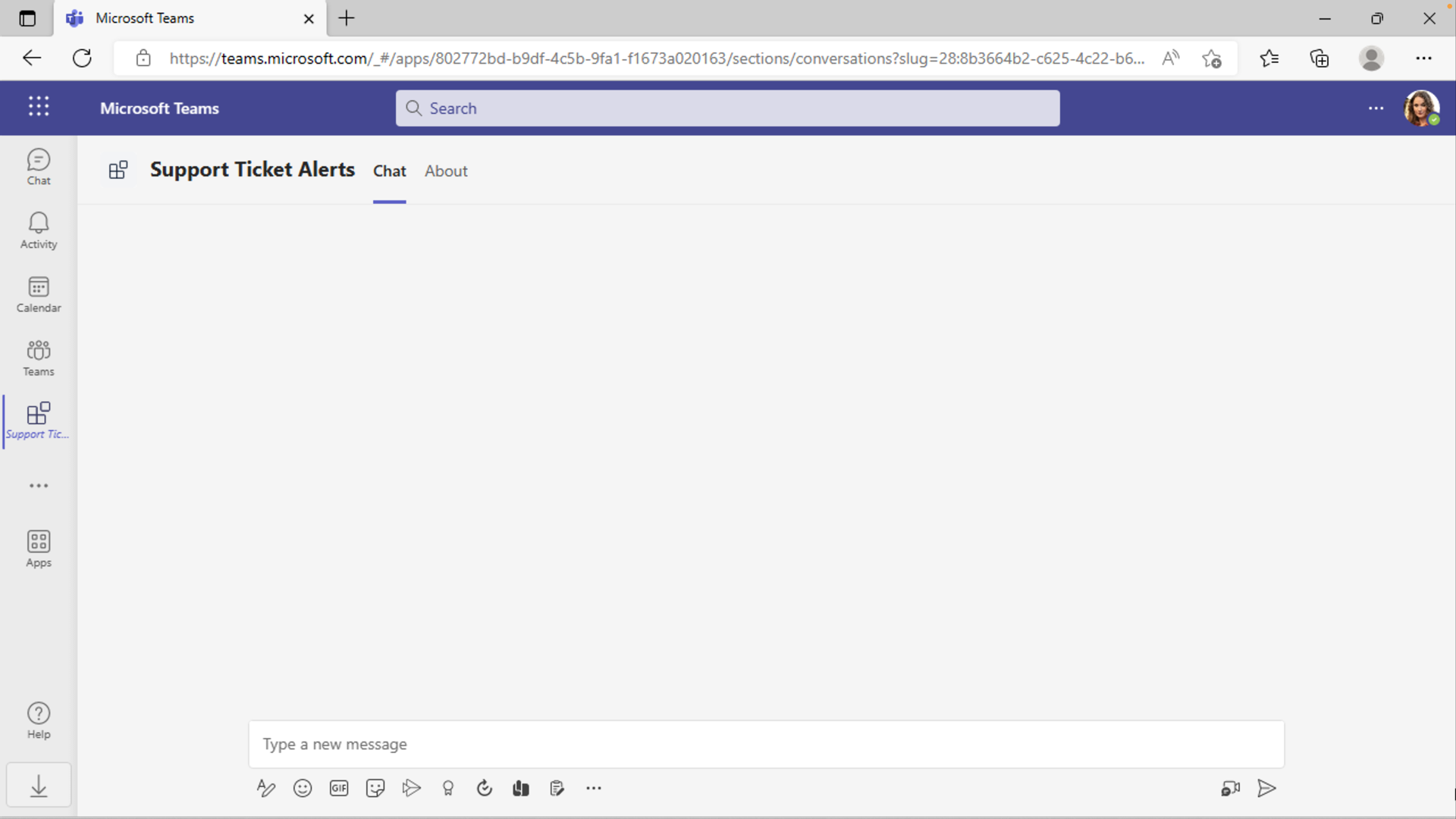 Screenshot of the Teams web client that shows an empty bot chat window for support ticket alerts.