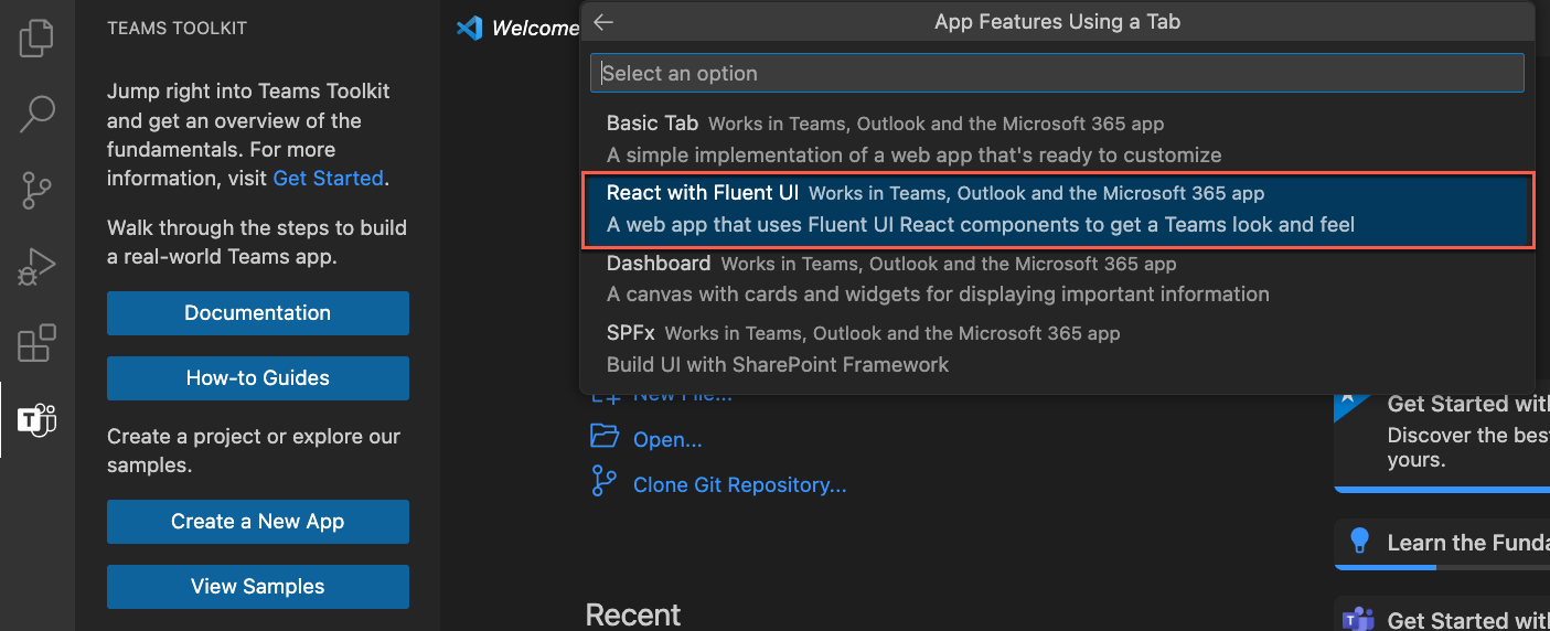 Screenshot of the Teams Toolkit app template with tab selected.