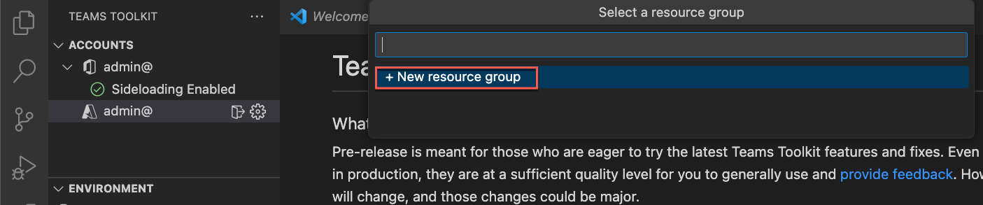 Screenshot that shows how to create a new resource group.