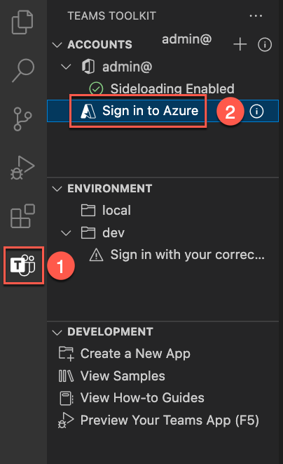 Screenshot of the Teams Toolkit panel with the button to sign in to Azure.