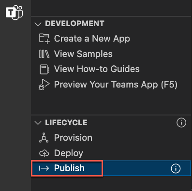 Screenshot of the Teams Toolkit panel open and the Publish to Teams option highlighted.