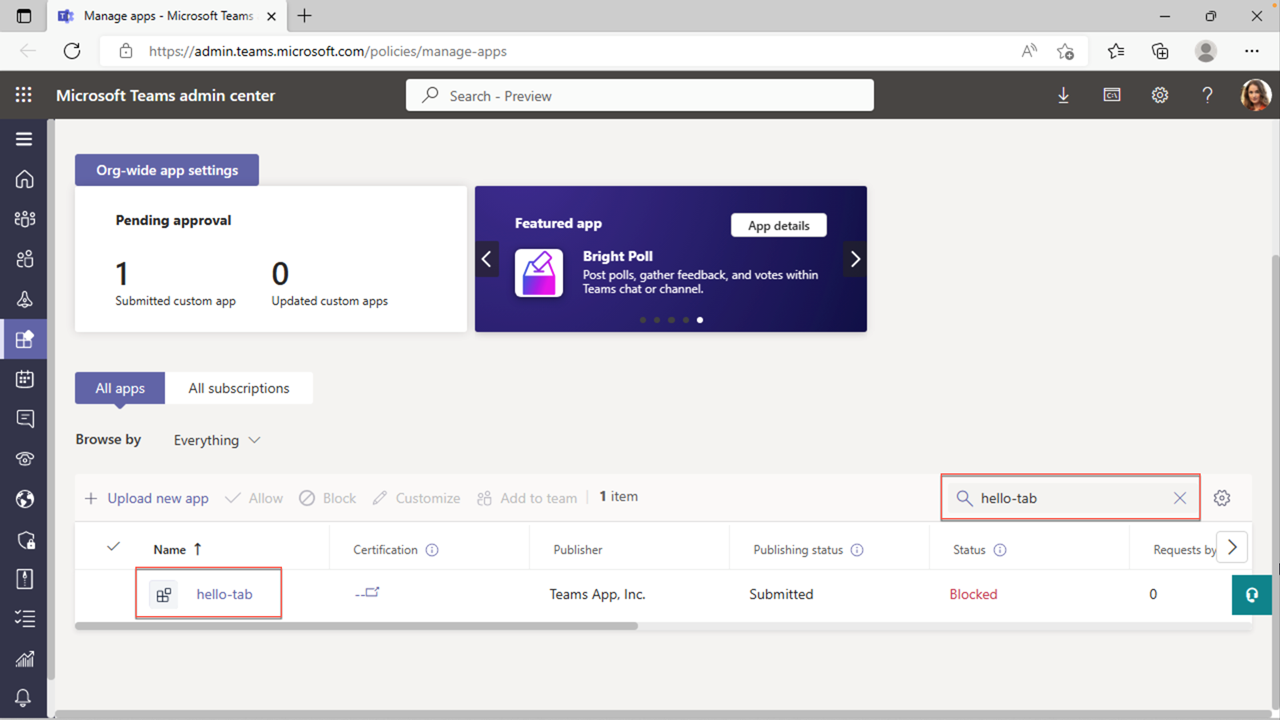 Screenshot that shows searching for the app in the Teams admin center.