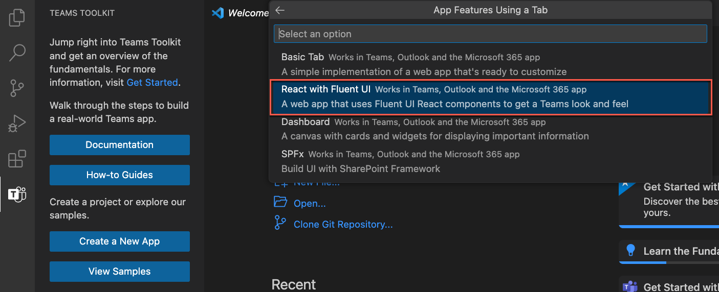 Screenshot that shows tab app from project scaffolding UI.