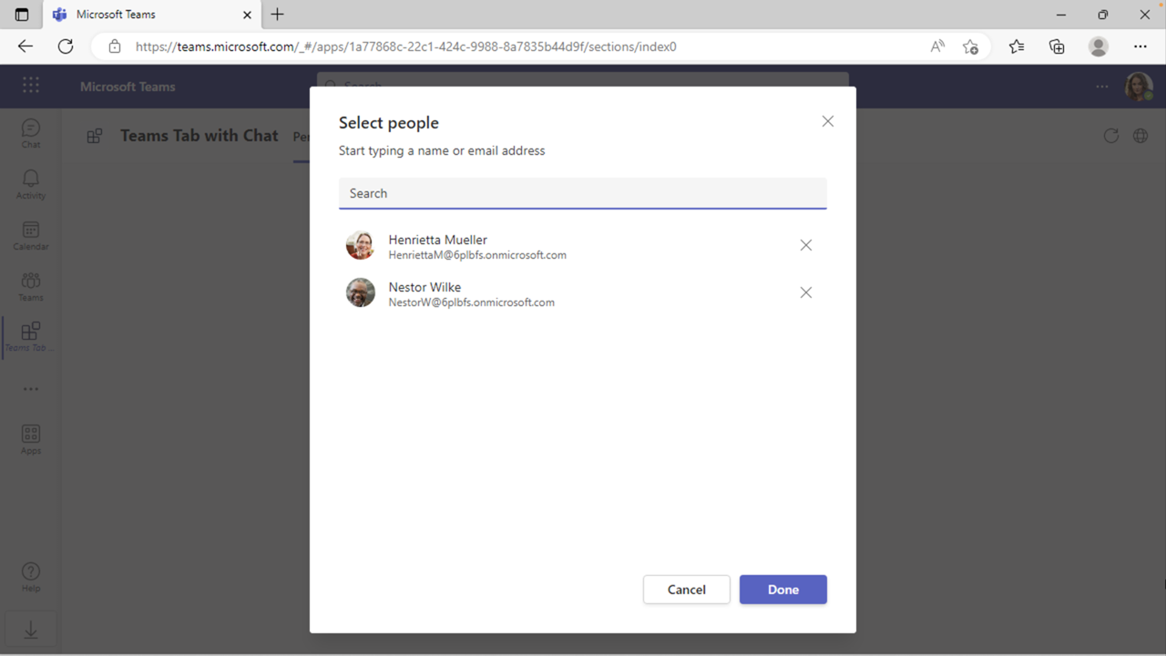 Screenshot of the tab app and the people picker in Teams.