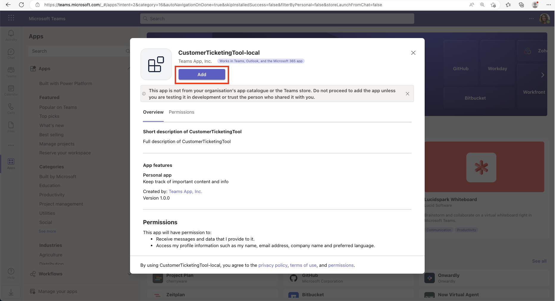 Screenshot that shows the button for adding an app to Microsoft Teams.