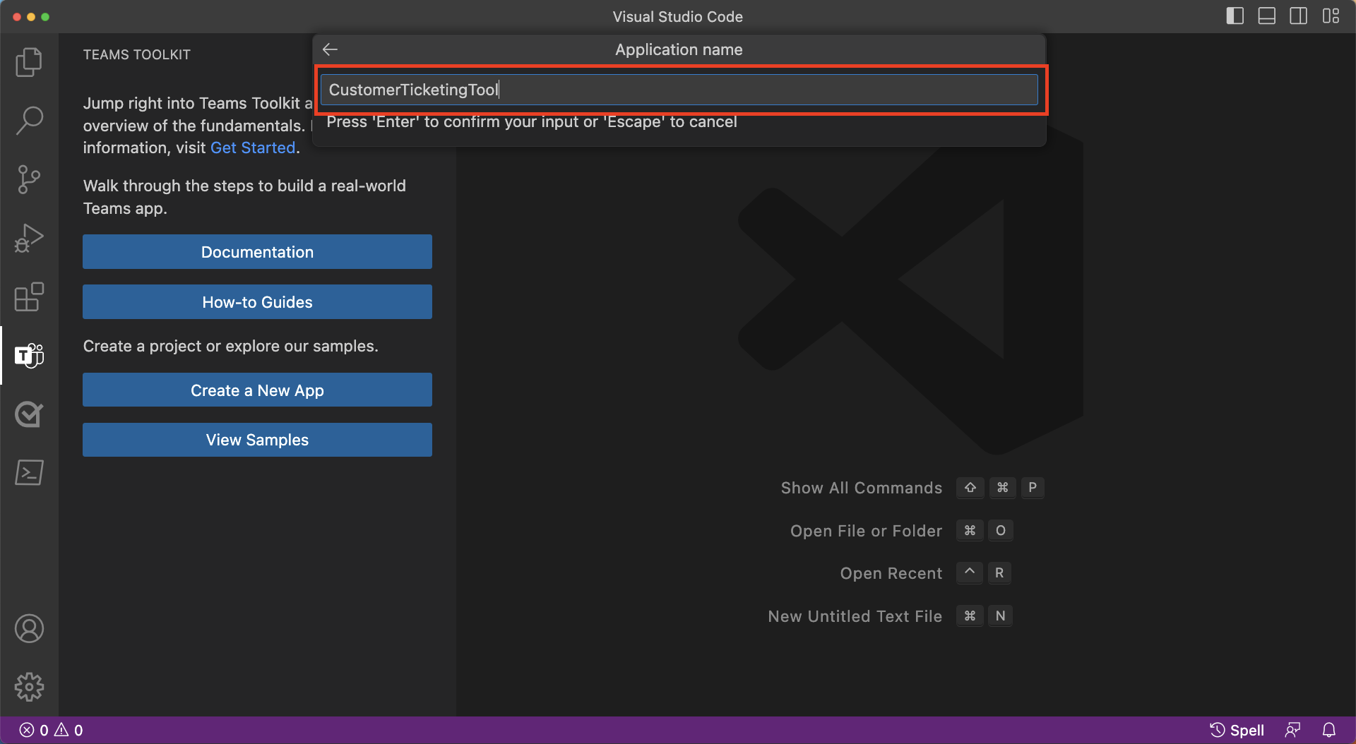 Screenshot that shows the box for entering an application name in Visual Studio Code.