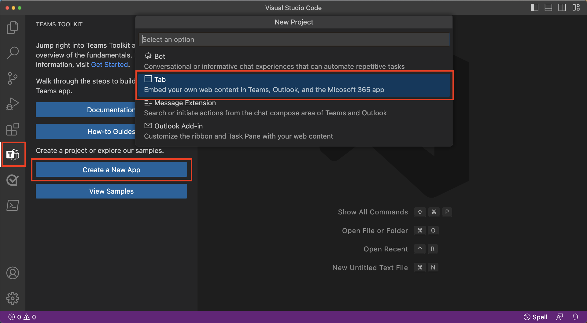 Screenshot that shows selections for creating a new Teams app in Visual Studio Code.