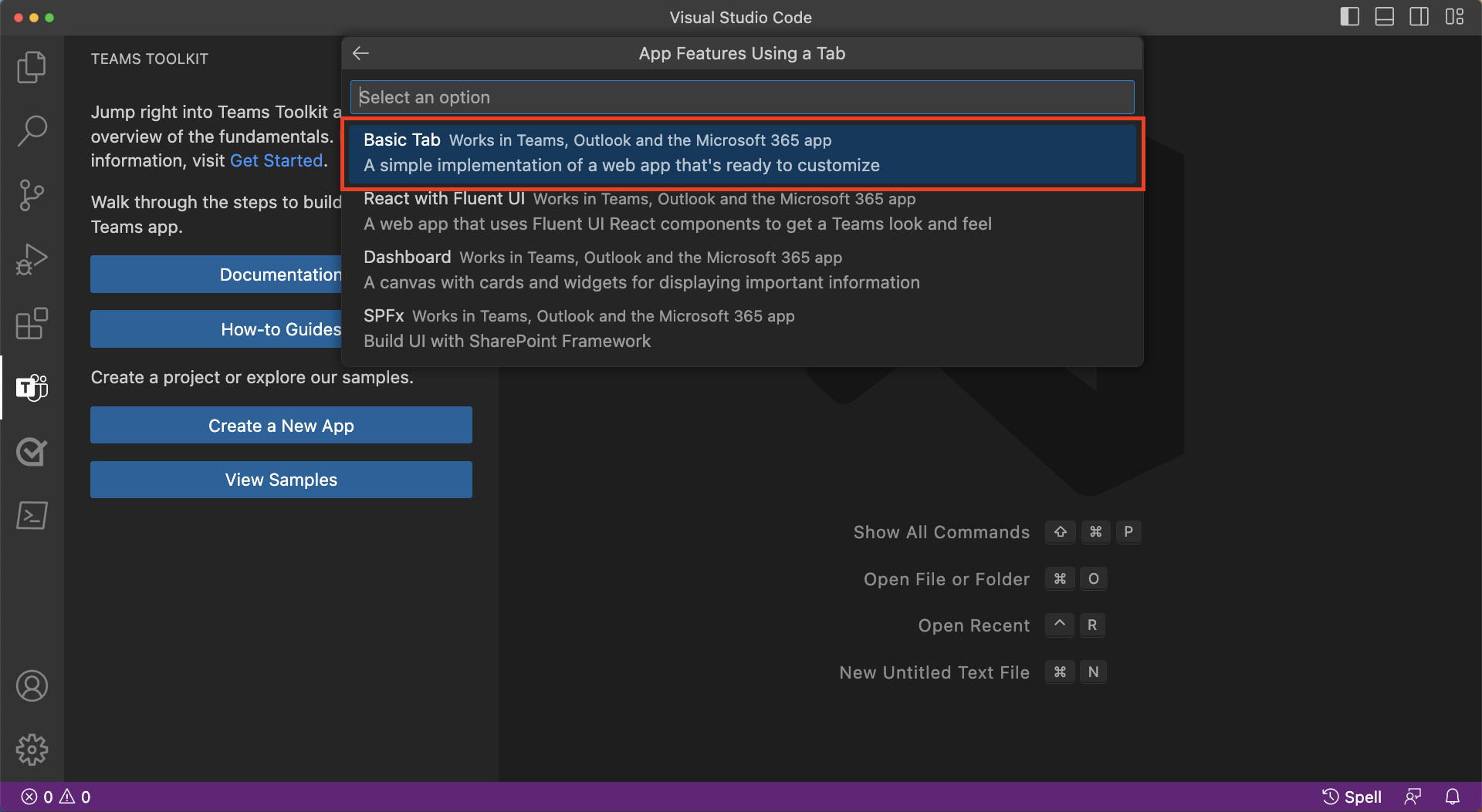 Screenshot that shows selection of a tab type of app in Visual Studio Code.