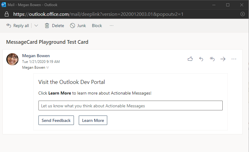 The sample Actionable Message card rendered in Outlook on the web