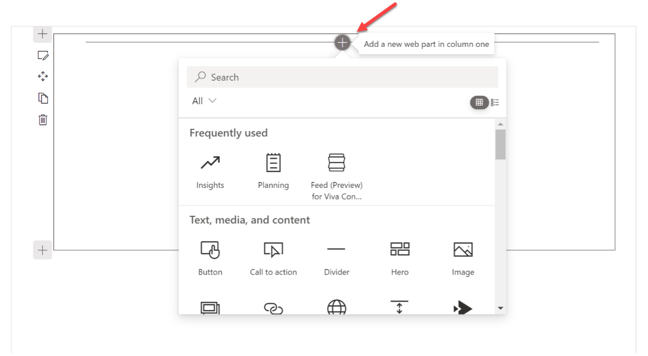 Red arrow pointing to the + button with web part toolbox open in the SharePoint workbench.