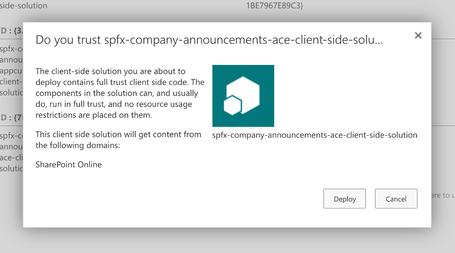 SharePoint app catalog prompt to confirm deploying the uploaded solution package.