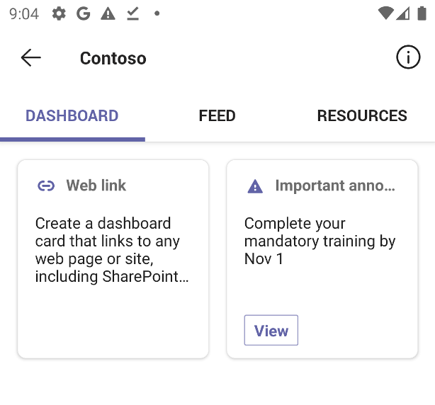 Dashboard displayed in the Viva Connections mobile app.
