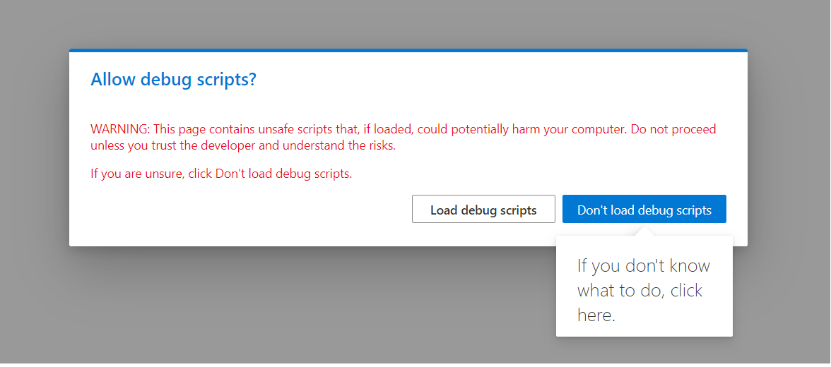 Screenshot that shows a SharePoint prompt to confirm loading debug scripts.