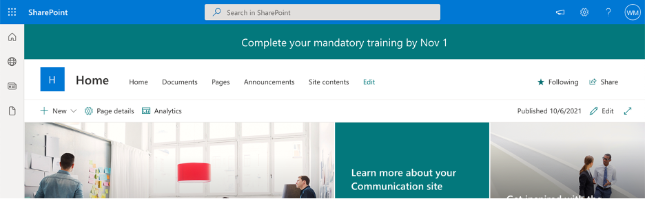 Screenshot of a custom application customizer that displays company announcements on a SharePoint page.