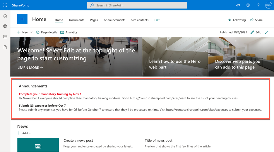 Screenshot that shows a custom web part with company announcements highlighted on a SharePoint page.