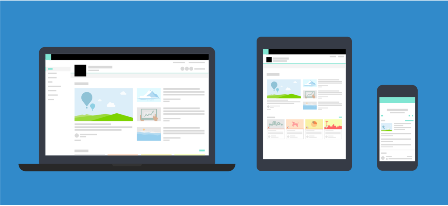Conceptual screenshot that shows how SharePoint pages adapt to desktop, tablet, and mobile devices.