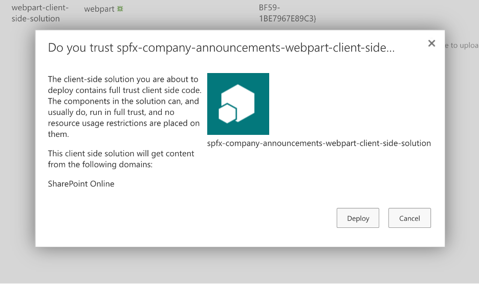 Screenshot of the SharePoint app catalog prompt to confirm deploying the uploaded solution package.